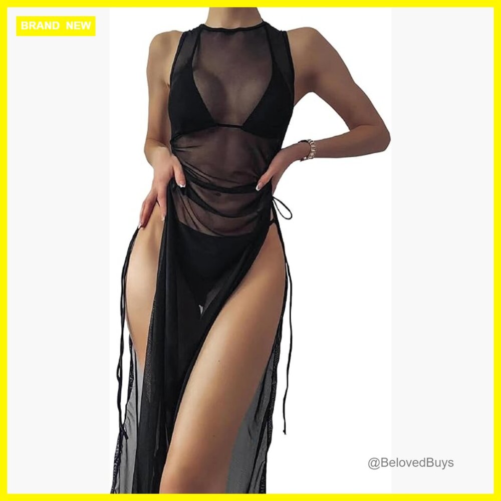 Sheer Mesh Maxi Cover Up Dress, Sleeveless, Upf 15, Medium